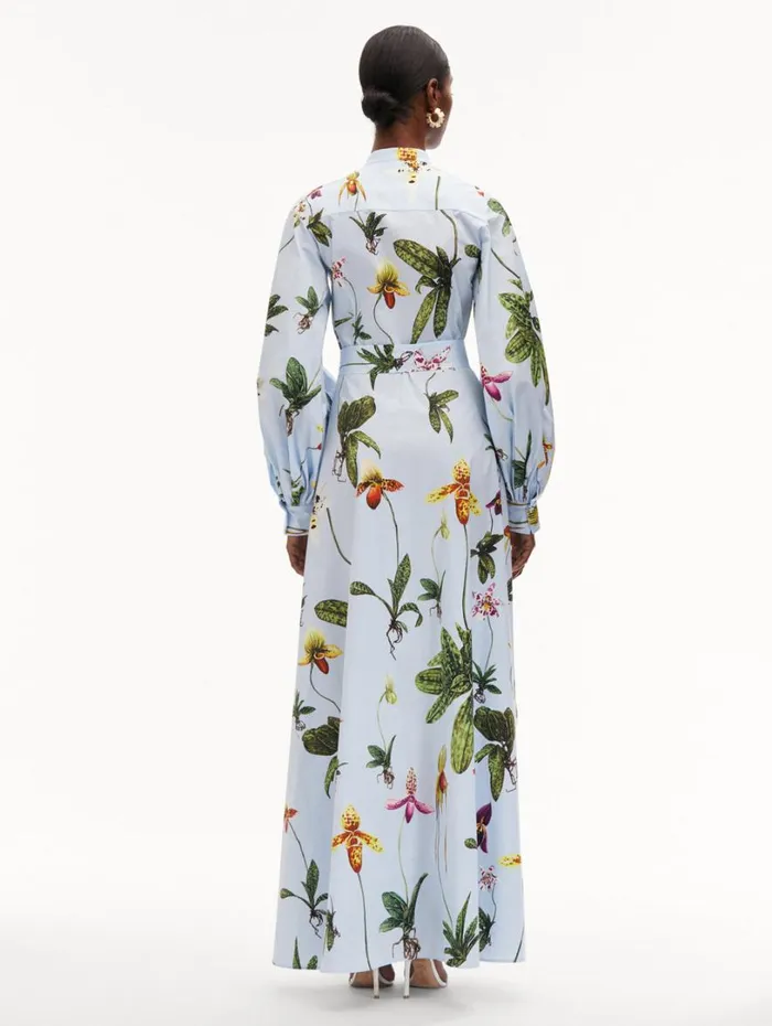 Oscar De La Renta Orchid Cotton Poplin Caftan Light Blue Multi Women Dresses
