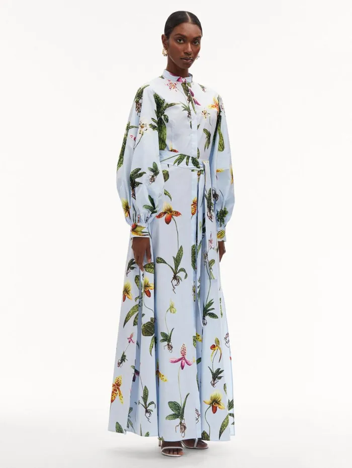 Oscar De La Renta Orchid Cotton Poplin Caftan Light Blue Multi Women Dresses