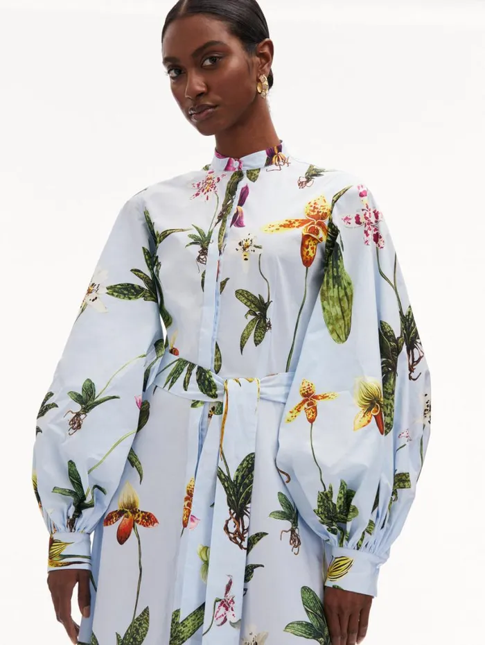 Oscar De La Renta Orchid Cotton Poplin Caftan Light Blue Multi Women Dresses