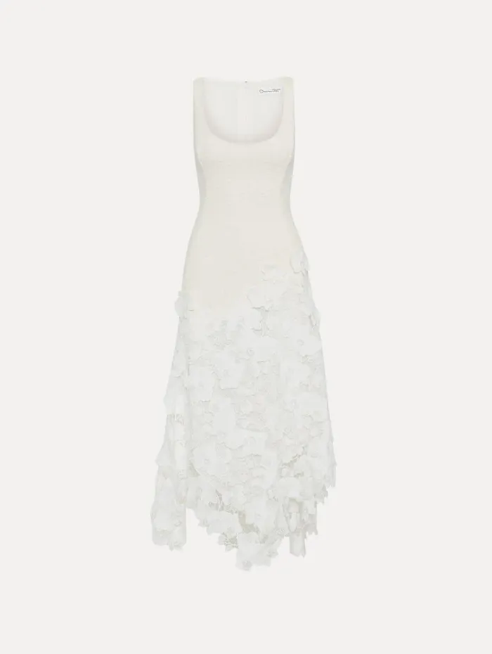 Oscar De La Renta Orchid Guipure and Tweed Sleeveless Dress Ivory Women Dresses