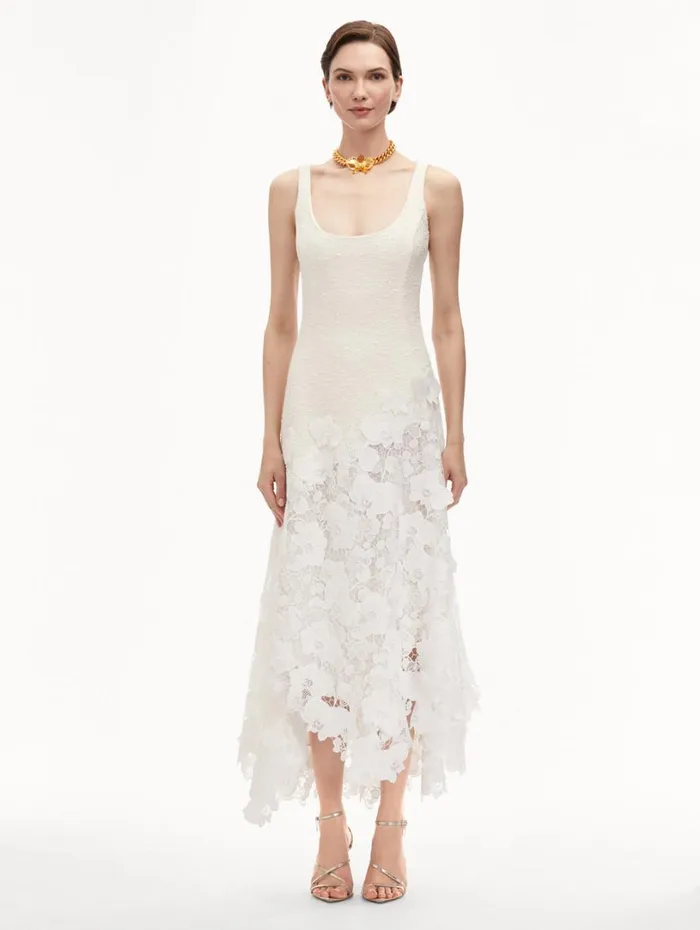Oscar De La Renta Orchid Guipure and Tweed Sleeveless Dress Ivory Women Dresses Oscar De La Renta Orchid Guipure and Tweed Sleeveless Dress Ivory Women Dresses