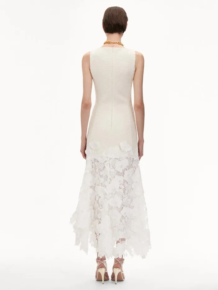 Oscar De La Renta Orchid Guipure and Tweed Sleeveless Dress Ivory Women Dresses Oscar De La Renta Orchid Guipure and Tweed Sleeveless Dress Ivory Women Dresses