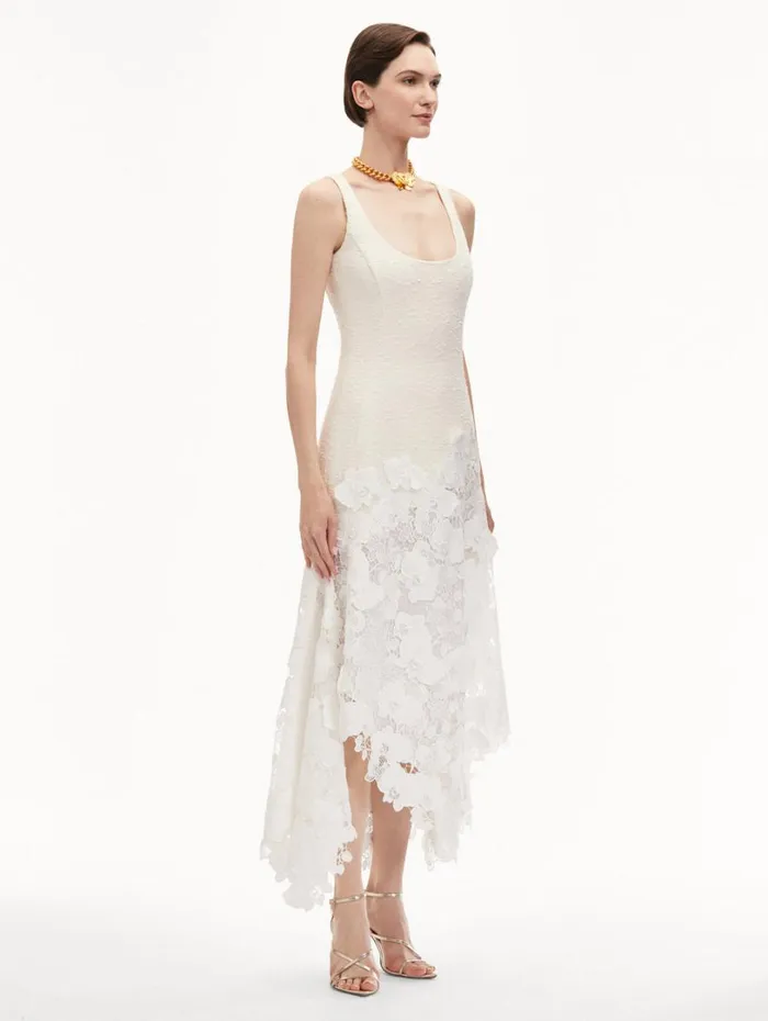 Oscar De La Renta Orchid Guipure and Tweed Sleeveless Dress Ivory Women Dresses Oscar De La Renta Orchid Guipure and Tweed Sleeveless Dress Ivory Women Dresses