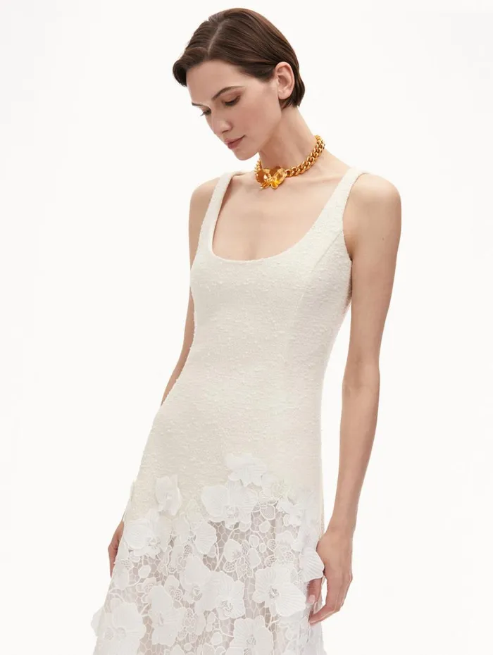 Oscar De La Renta Orchid Guipure and Tweed Sleeveless Dress Ivory Women Dresses Oscar De La Renta Orchid Guipure and Tweed Sleeveless Dress Ivory Women Dresses