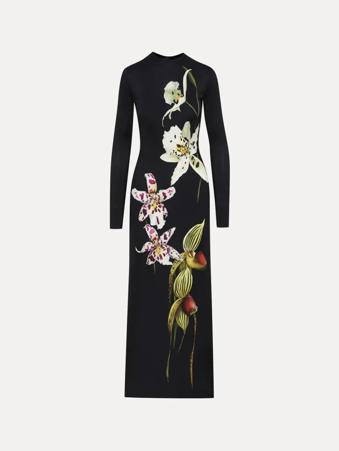 Oscar De La Renta Orchid Jersey Dress Dark Navy Multi Women Dresses