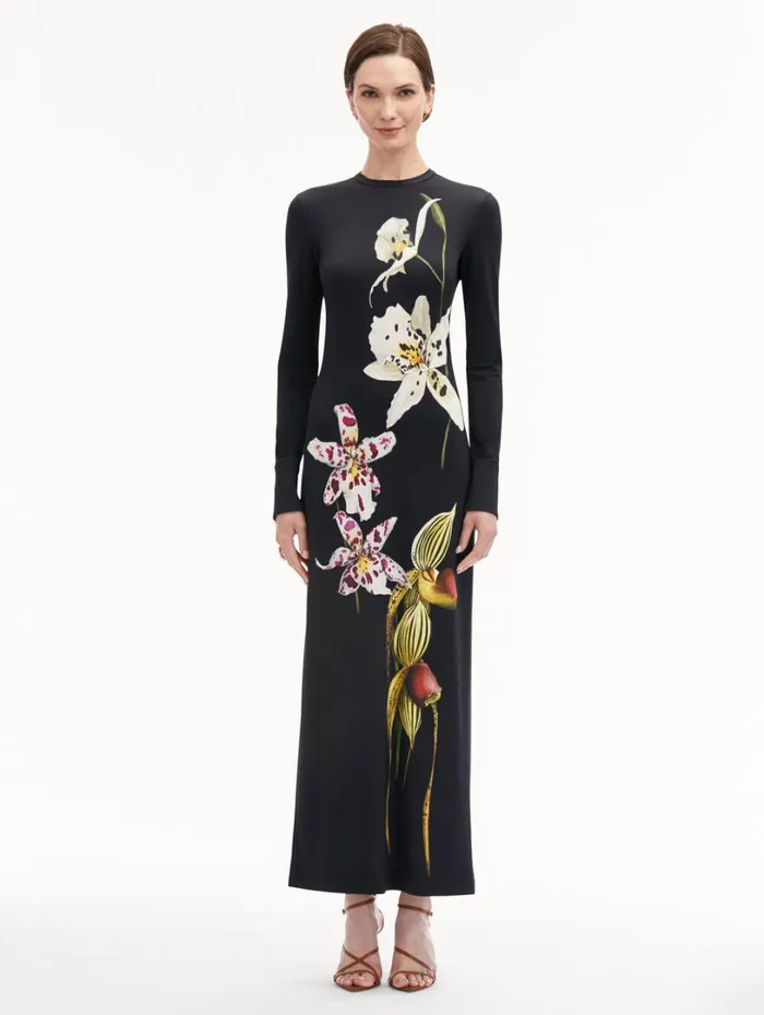 Oscar De La Renta Orchid Jersey Dress Dark Navy Multi Women Dresses Oscar De La Renta Orchid Jersey Dress Dark Navy Multi Women Dresses