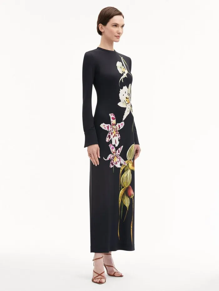Oscar De La Renta Orchid Jersey Dress Dark Navy Multi Women Dresses Oscar De La Renta Orchid Jersey Dress Dark Navy Multi Women Dresses