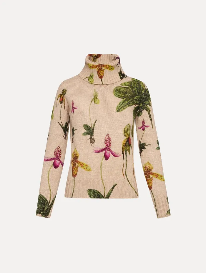 Oscar De La Renta Orchid Printed Turtleneck Pullover Brown Multi Women Blouses and Knits