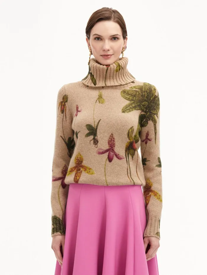 Oscar De La Renta Orchid Printed Turtleneck Pullover Brown Multi Women Blouses and Knits