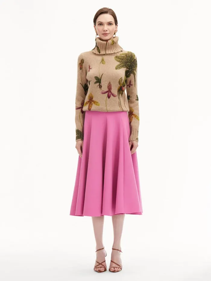 Oscar De La Renta Orchid Printed Turtleneck Pullover Brown Multi Women Blouses and Knits