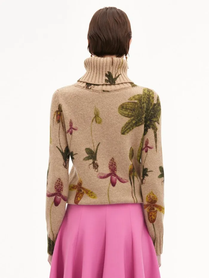 Oscar De La Renta Orchid Printed Turtleneck Pullover Brown Multi Women Blouses and Knits