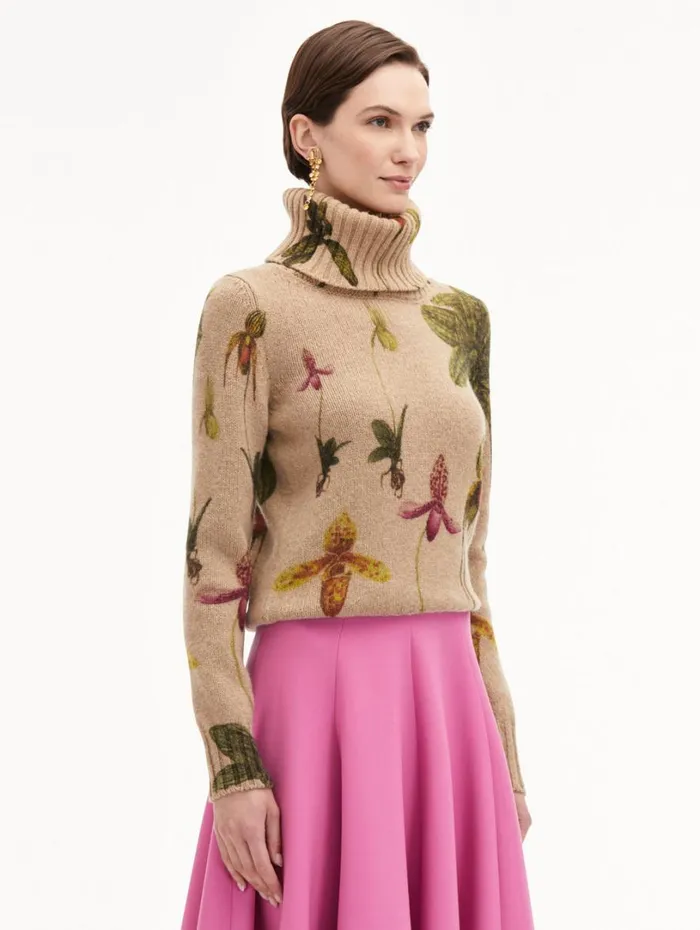 Oscar De La Renta Orchid Printed Turtleneck Pullover Brown Multi Women Blouses and Knits