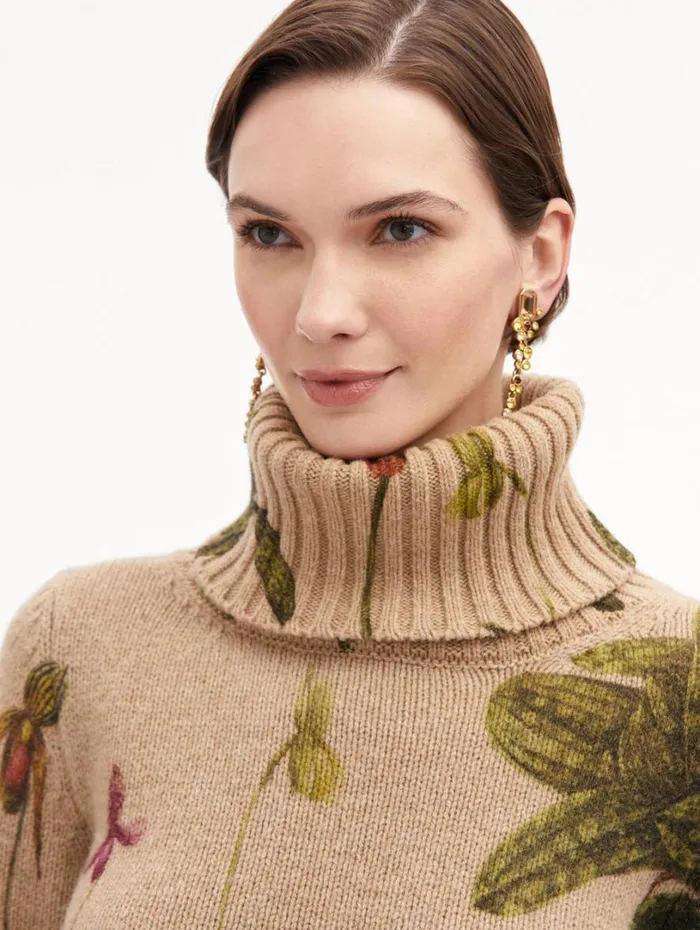 Oscar De La Renta Orchid Printed Turtleneck Pullover Brown Multi Women Blouses and Knits