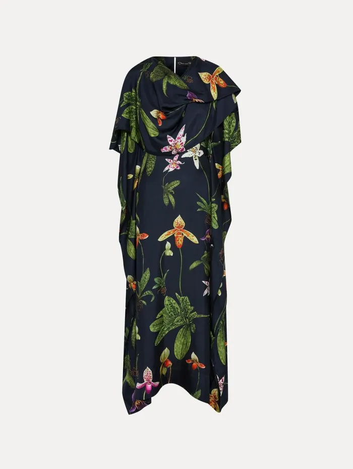 Oscar De La Renta Orchid Silk Twill Caftan Navy Multi Women Gowns and Caftans