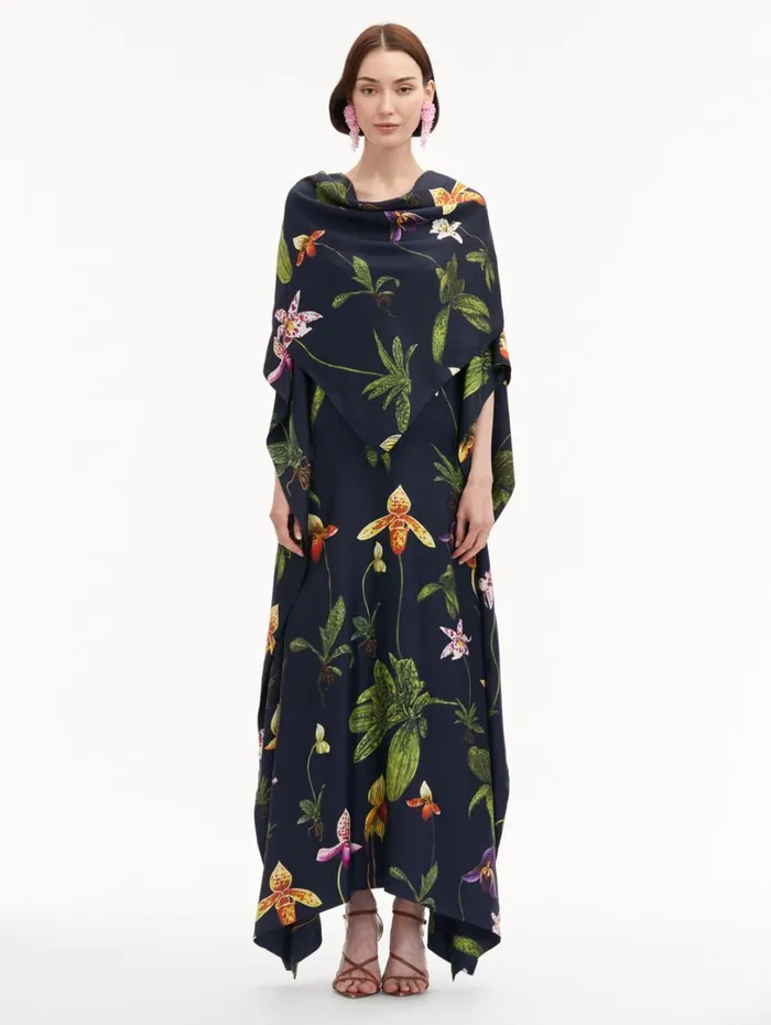 Oscar De La Renta Orchid Silk Twill Caftan Navy Multi Women Gowns and Caftans Oscar De La Renta Orchid Silk Twill Caftan Navy Multi Women Gowns and Caftans