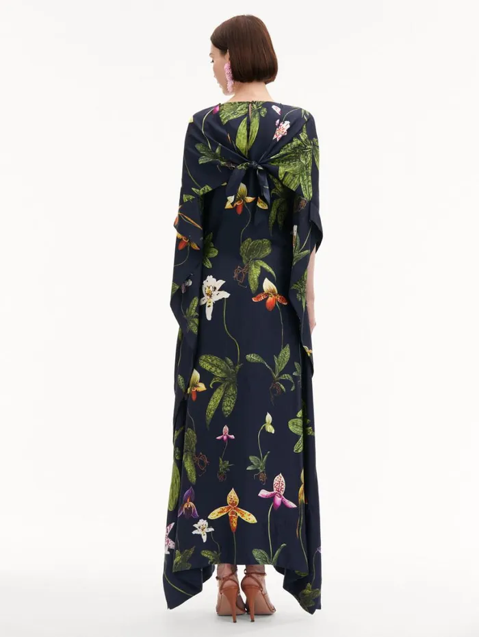 Oscar De La Renta Orchid Silk Twill Caftan Navy Multi Women Gowns and Caftans Oscar De La Renta Orchid Silk Twill Caftan Navy Multi Women Gowns and Caftans
