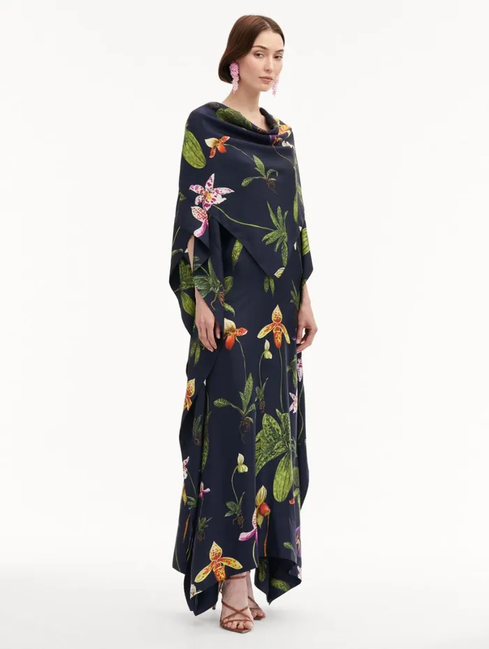 Oscar De La Renta Orchid Silk Twill Caftan Navy Multi Women Gowns and Caftans Oscar De La Renta Orchid Silk Twill Caftan Navy Multi Women Gowns and Caftans