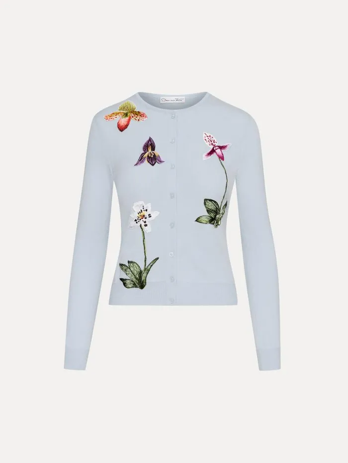 Oscar De La Renta Orchid Threadwork Cardigan Light Blue Women Blouses and Knits