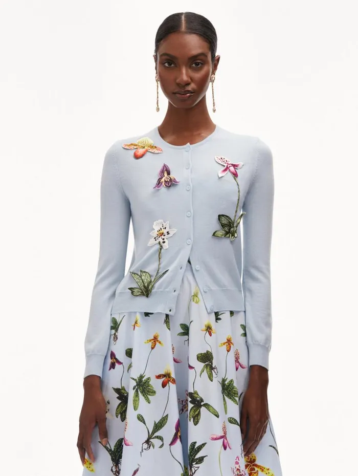 Oscar De La Renta Orchid Threadwork Cardigan Light Blue Women Blouses and Knits