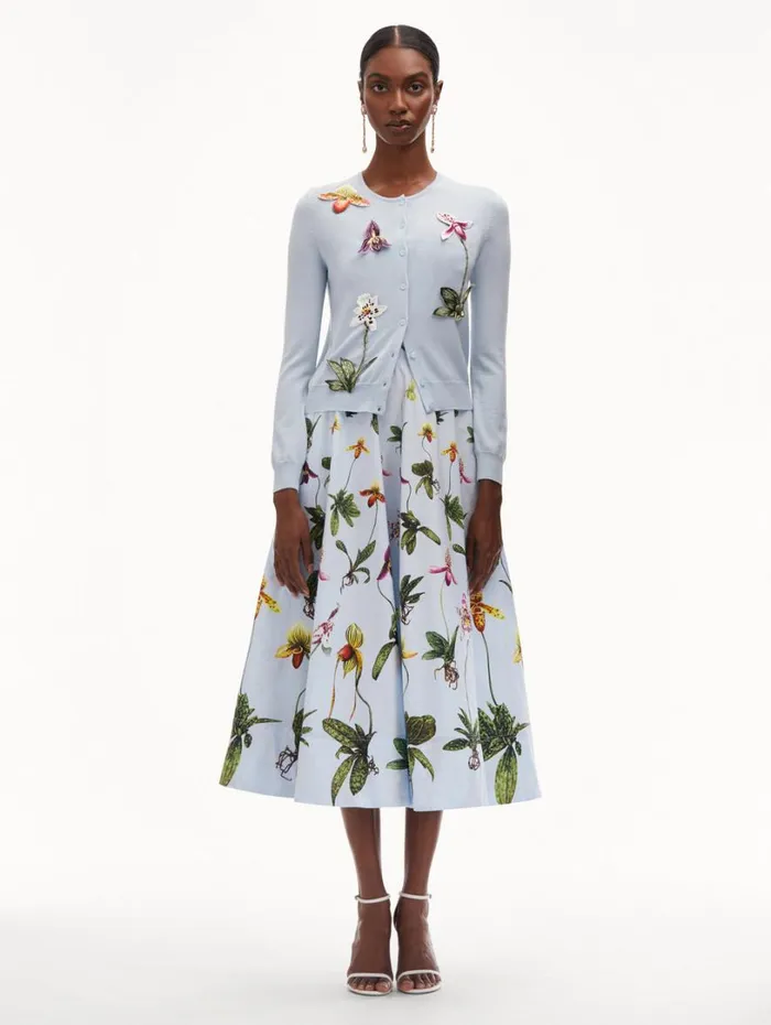 Oscar De La Renta Orchid Threadwork Cardigan Light Blue Women Blouses and Knits