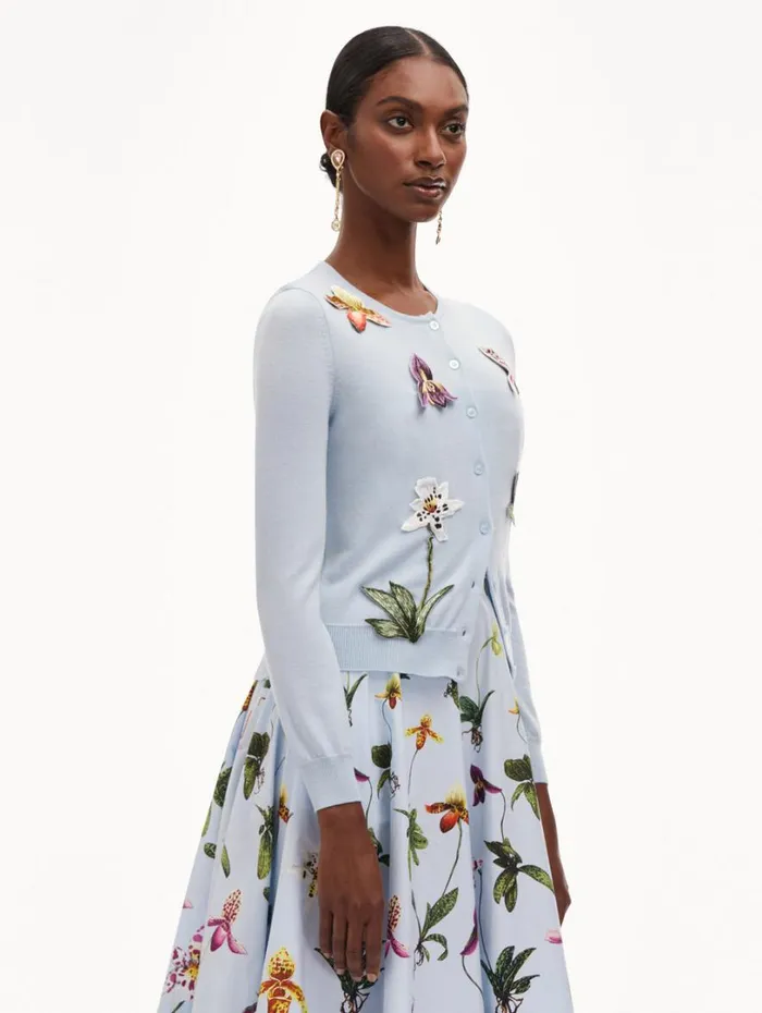 Oscar De La Renta Orchid Threadwork Cardigan Light Blue Women Blouses and Knits