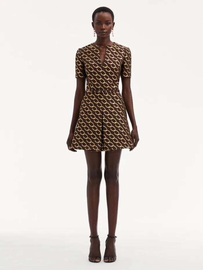 Oscar De La Renta Oscar ChainLink Jacquard Dress Cafe Gold Women Dresses Oscar De La Renta Oscar ChainLink Jacquard Dress Cafe Gold Women Dresses
