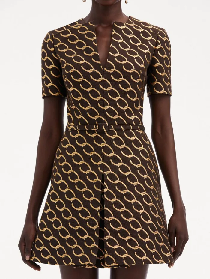 Oscar De La Renta Oscar ChainLink Jacquard Dress Cafe Gold Women Dresses Oscar De La Renta Oscar ChainLink Jacquard Dress Cafe Gold Women Dresses