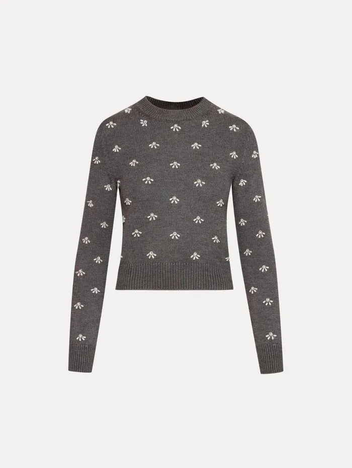 Oscar De La Renta Pearl Cabochon Pullover Charcoal Women Blouses and Knits
