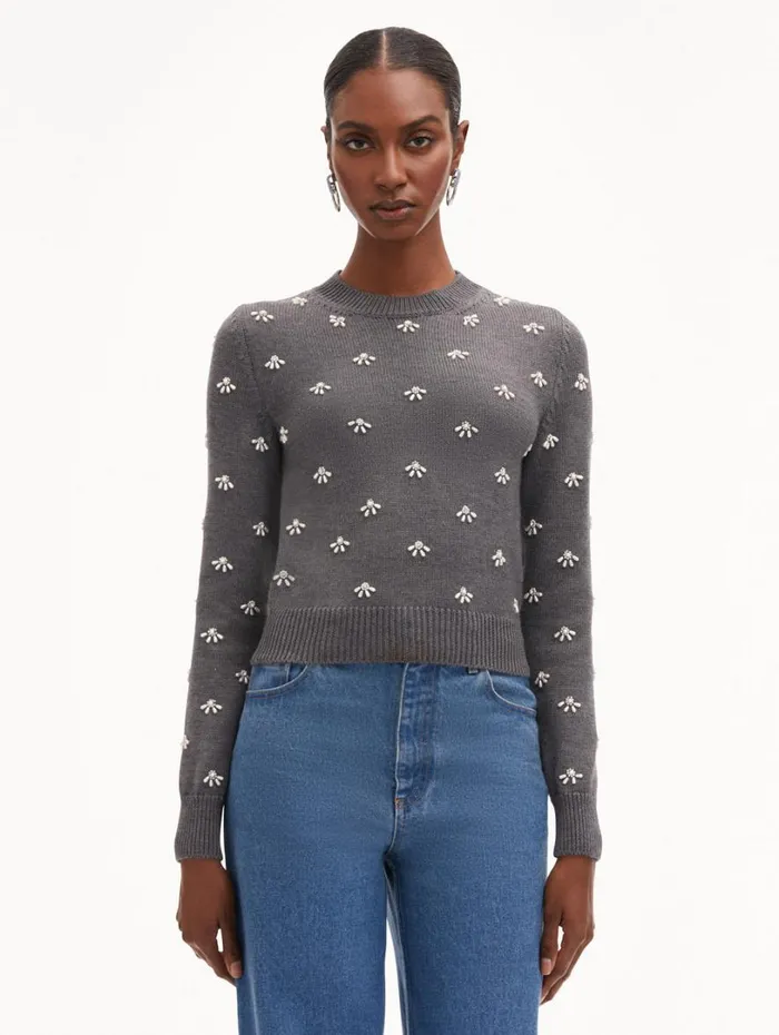 Oscar De La Renta Pearl Cabochon Pullover Charcoal Women Blouses and Knits Oscar De La Renta Pearl Cabochon Pullover Charcoal Women Blouses and Knits