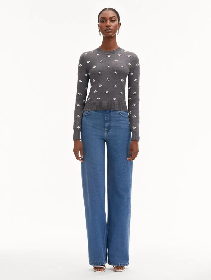 Oscar De La Renta Pearl Cabochon Pullover Charcoal Women Blouses and Knits Oscar De La Renta Pearl Cabochon Pullover Charcoal Women Blouses and Knits