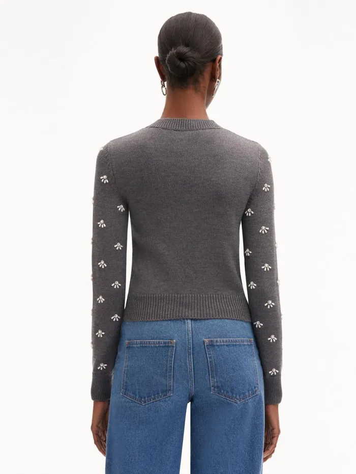 Oscar De La Renta Pearl Cabochon Pullover Charcoal Women Blouses and Knits Oscar De La Renta Pearl Cabochon Pullover Charcoal Women Blouses and Knits