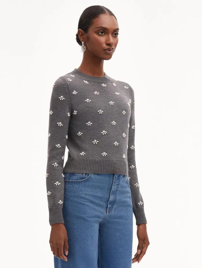 Oscar De La Renta Pearl Cabochon Pullover Charcoal Women Blouses and Knits Oscar De La Renta Pearl Cabochon Pullover Charcoal Women Blouses and Knits