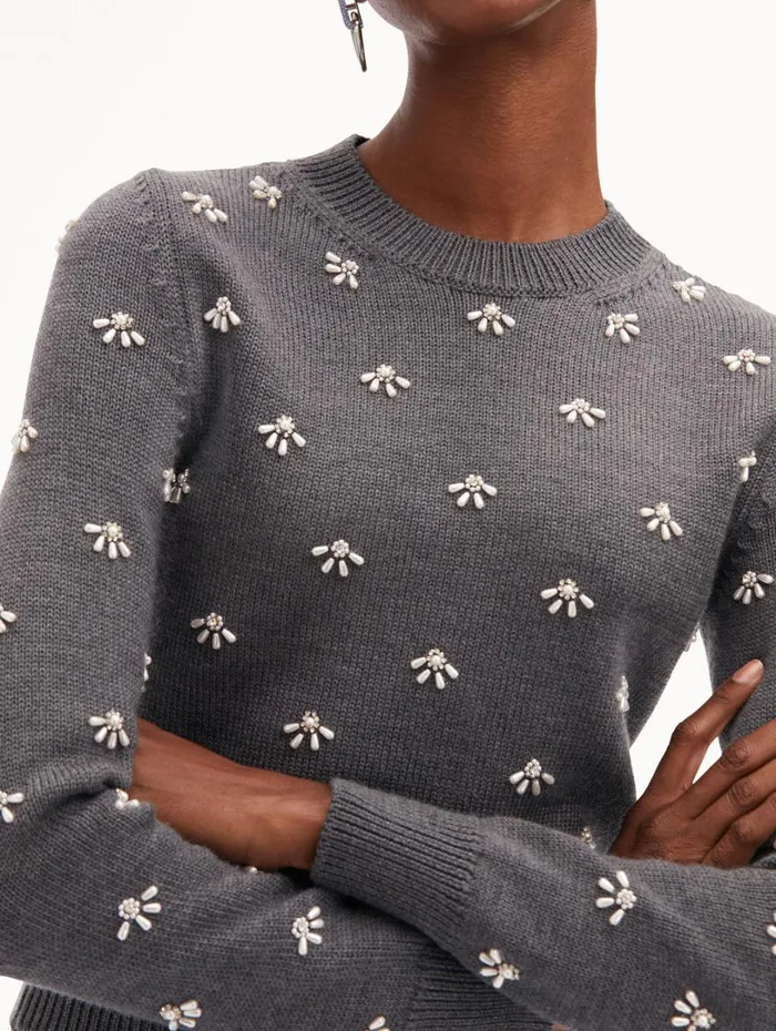 Oscar De La Renta Pearl Cabochon Pullover Charcoal Women Blouses and Knits Oscar De La Renta Pearl Cabochon Pullover Charcoal Women Blouses and Knits