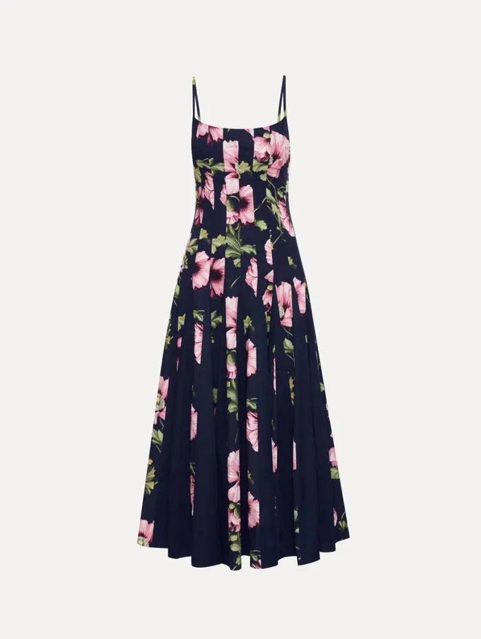 Oscar De La Renta Poppy Cotton Poplin Inset Dress Navy Pink Women Dresses