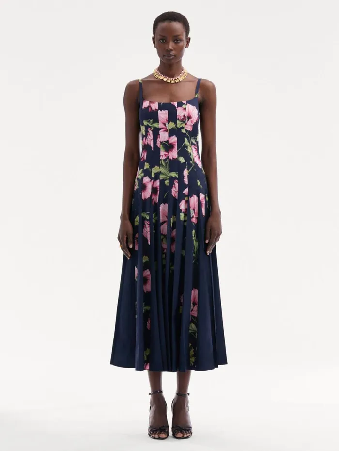 Oscar De La Renta Poppy Cotton Poplin Inset Dress Navy Pink Women Dresses Oscar De La Renta Poppy Cotton Poplin Inset Dress Navy Pink Women Dresses