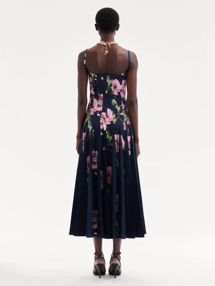 Oscar De La Renta Poppy Cotton Poplin Inset Dress Navy Pink Women Dresses Oscar De La Renta Poppy Cotton Poplin Inset Dress Navy Pink Women Dresses