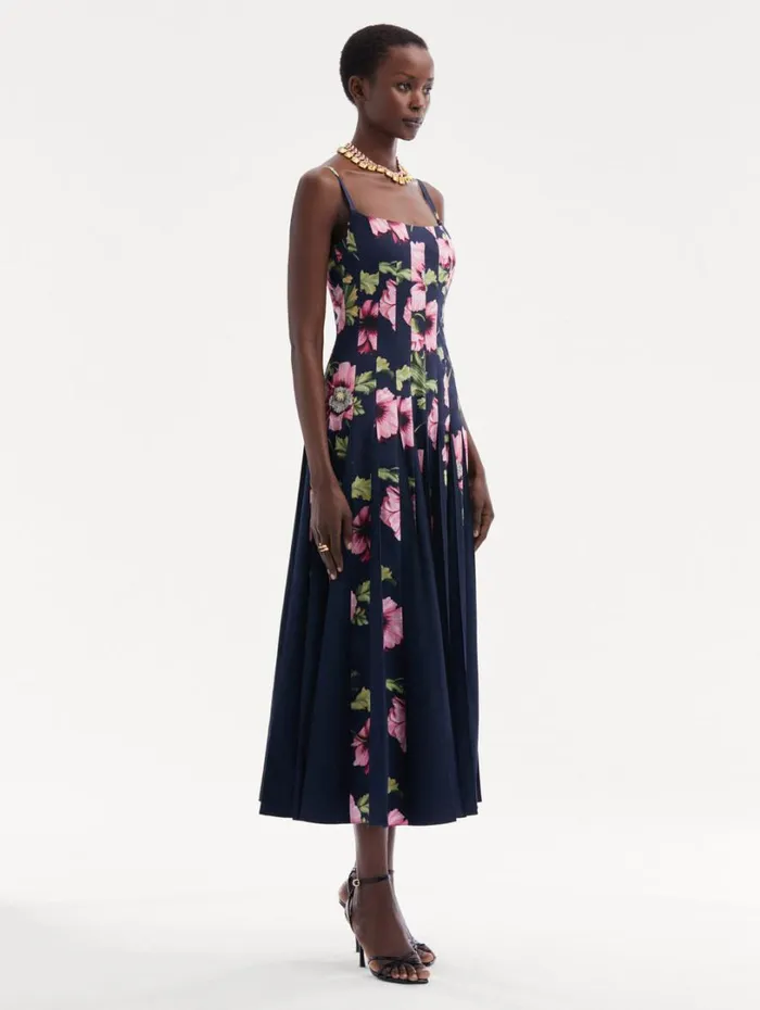 Oscar De La Renta Poppy Cotton Poplin Inset Dress Navy Pink Women Dresses Oscar De La Renta Poppy Cotton Poplin Inset Dress Navy Pink Women Dresses