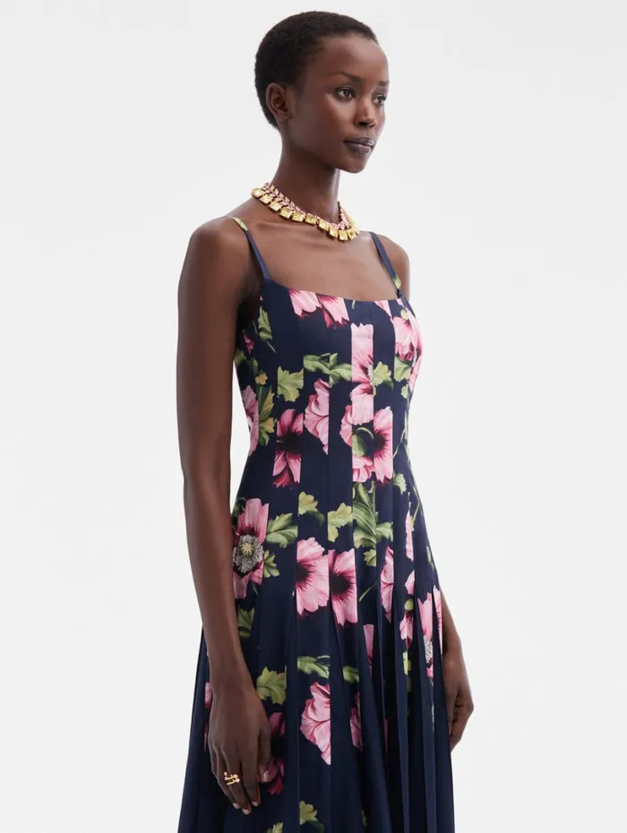 Oscar De La Renta Poppy Cotton Poplin Inset Dress Navy Pink Women Dresses Oscar De La Renta Poppy Cotton Poplin Inset Dress Navy Pink Women Dresses