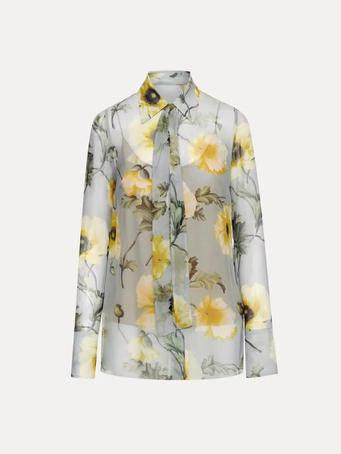 Oscar De La Renta Poppy TieNeck Chiffon Blouse Sage Yellow Women Blouses and Knits