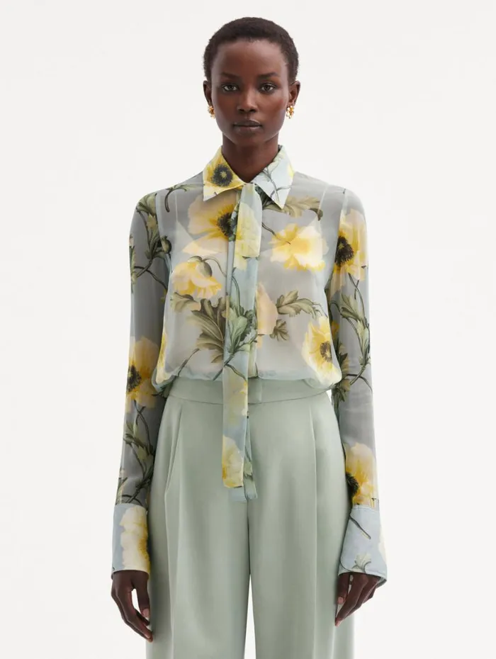 Oscar De La Renta Poppy TieNeck Chiffon Blouse Sage Yellow Women Blouses and Knits Oscar De La Renta Poppy TieNeck Chiffon Blouse Sage Yellow Women Blouses and Knits