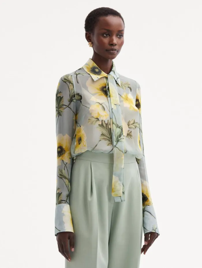 Oscar De La Renta Poppy TieNeck Chiffon Blouse Sage Yellow Women Blouses and Knits Oscar De La Renta Poppy TieNeck Chiffon Blouse Sage Yellow Women Blouses and Knits