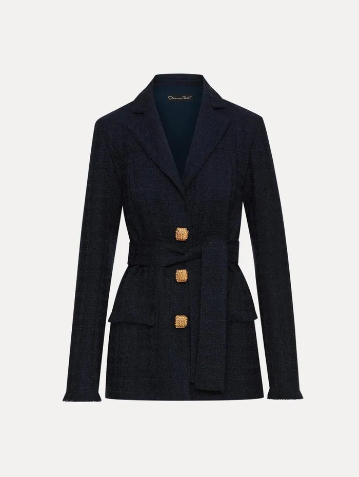 Oscar De La Renta SelfSash Tweed Jacket Navy Women Jackets and Coats