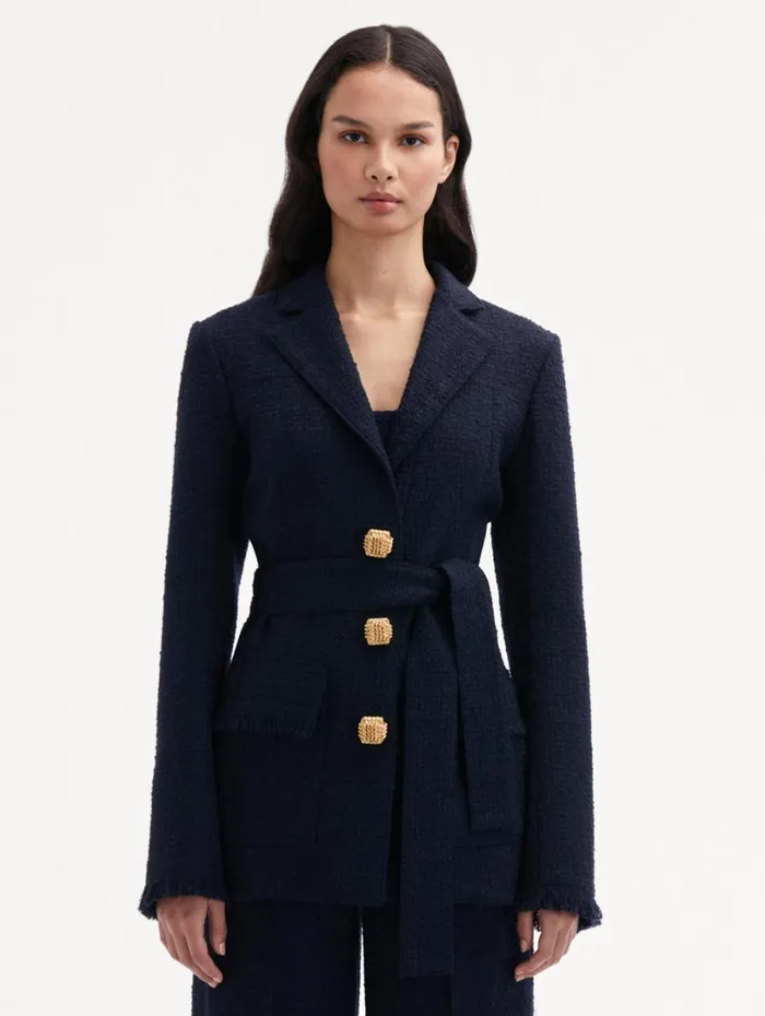 Oscar De La Renta SelfSash Tweed Jacket Navy Women Jackets and Coats Oscar De La Renta SelfSash Tweed Jacket Navy Women Jackets and Coats