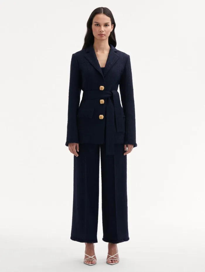Oscar De La Renta SelfSash Tweed Jacket Navy Women Jackets and Coats Oscar De La Renta SelfSash Tweed Jacket Navy Women Jackets and Coats