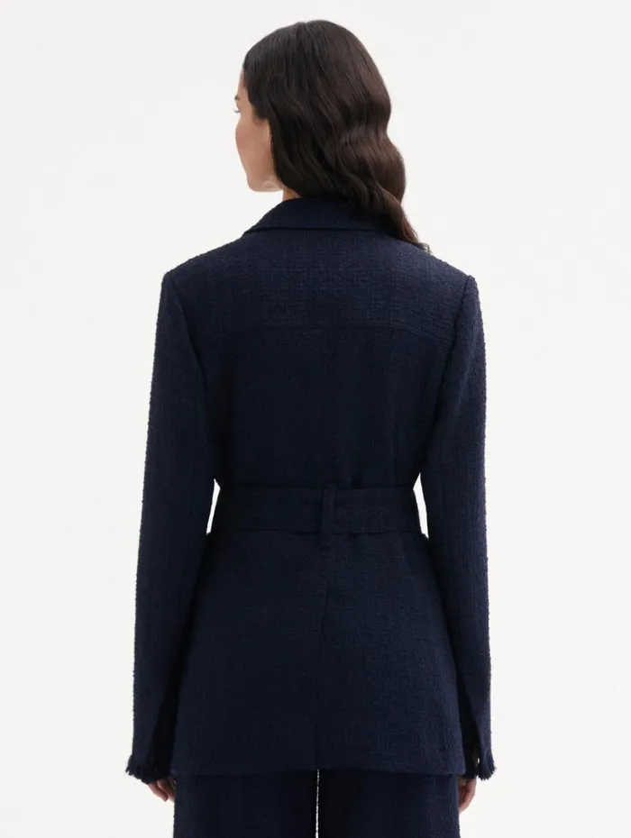 Oscar De La Renta SelfSash Tweed Jacket Navy Women Jackets and Coats Oscar De La Renta SelfSash Tweed Jacket Navy Women Jackets and Coats