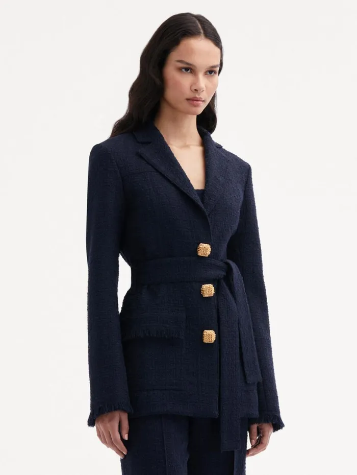 Oscar De La Renta SelfSash Tweed Jacket Navy Women Jackets and Coats Oscar De La Renta SelfSash Tweed Jacket Navy Women Jackets and Coats