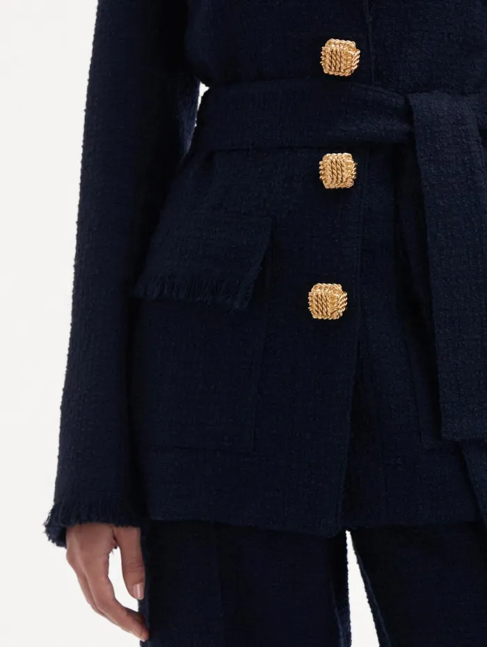 Oscar De La Renta SelfSash Tweed Jacket Navy Women Jackets and Coats Oscar De La Renta SelfSash Tweed Jacket Navy Women Jackets and Coats