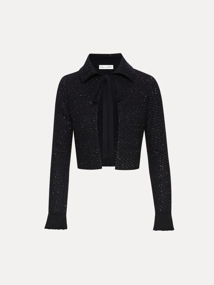 Oscar De La Renta Sequin Tweed Jacket Navy Women Jackets and Coats