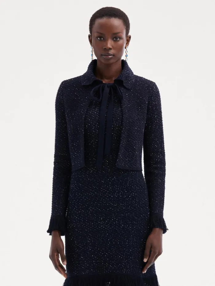 Oscar De La Renta Sequin Tweed Jacket Navy Women Jackets and Coats Oscar De La Renta Sequin Tweed Jacket Navy Women Jackets and Coats