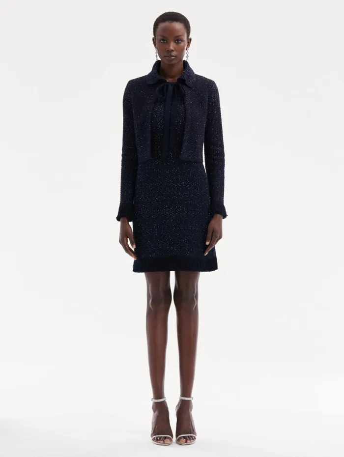 Oscar De La Renta Sequin Tweed Jacket Navy Women Jackets and Coats Oscar De La Renta Sequin Tweed Jacket Navy Women Jackets and Coats
